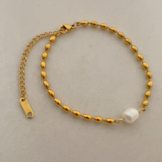 Chain Link Bracelet with Pearl & Flattened Beads