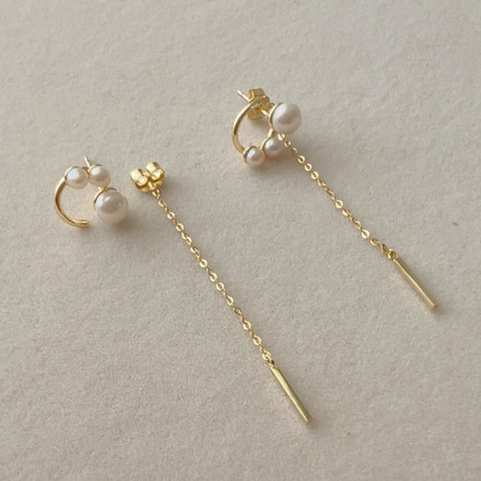 Gold chain dangle earrings with triple pearl