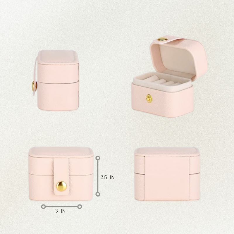 Open mini jewelry case showing storage for rings, studs, and chains – soft interior