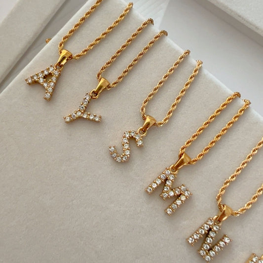 Rope Chain Initial Necklace – Zirconia Pendant Stainless Steel