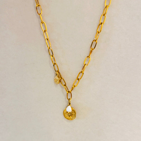 Paper Clip Necklace with Pendant and Pearl – Adjustable Stainless Steel