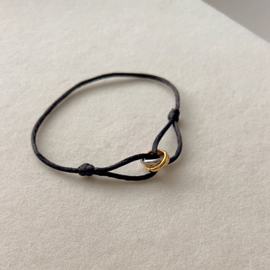Trinity - Bracelet Gold, Silver and Rose Gold Rings, Adjustable Satin Cord