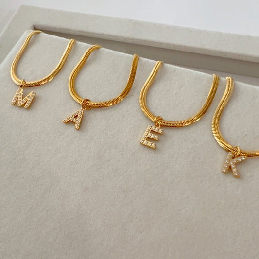 Snake Chain Initial Necklace – Zirconia abd Herringbone Alphabet