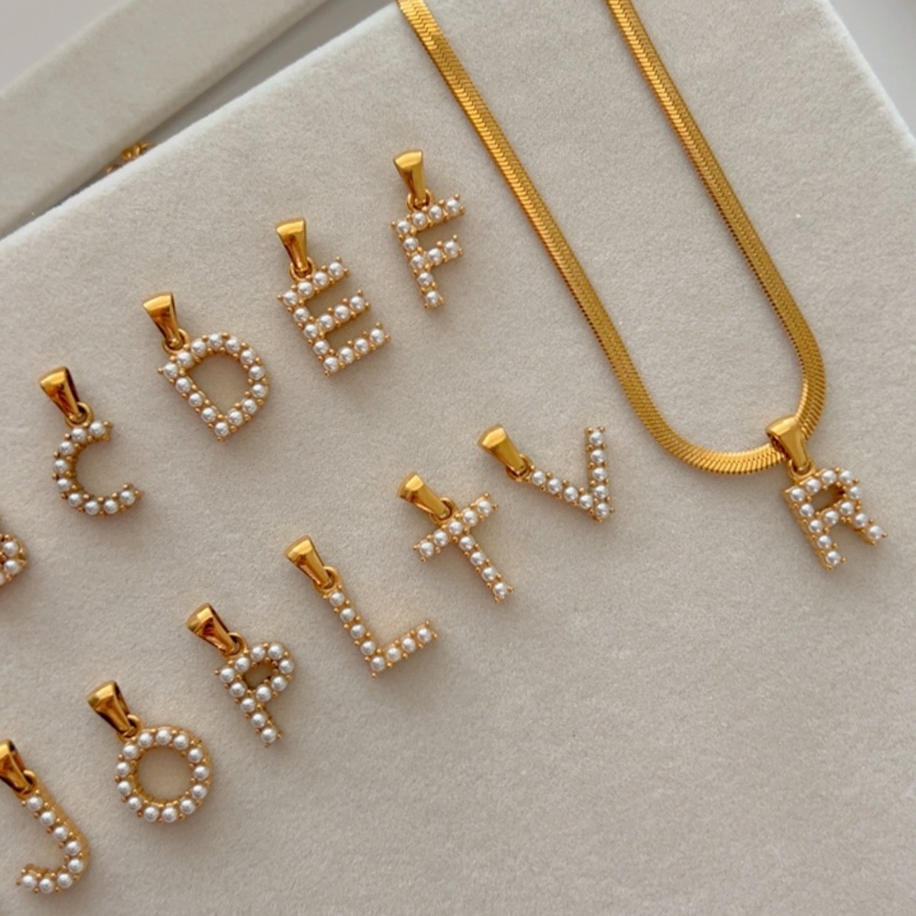 Initial Pendant Necklace – Herringbone Alphabet and Pearl Detail Stainless Steel