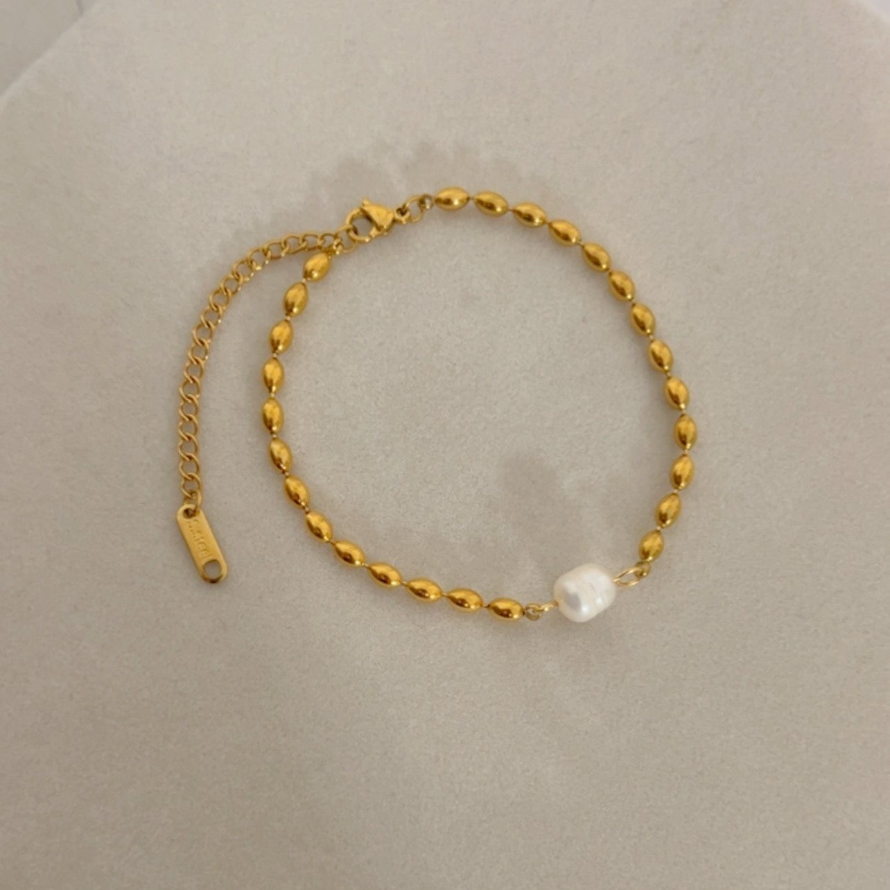 Chain Link Bracelet with Pearl & Flattened Beads