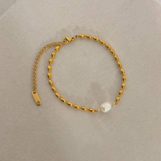 Chain Link Bracelet with Pearl & Flattened Beads