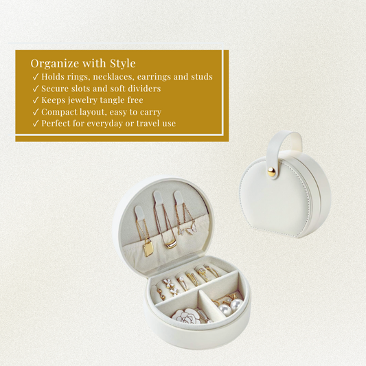 Inside view of cream mini jewelry case – holds rings, earrings, and chains