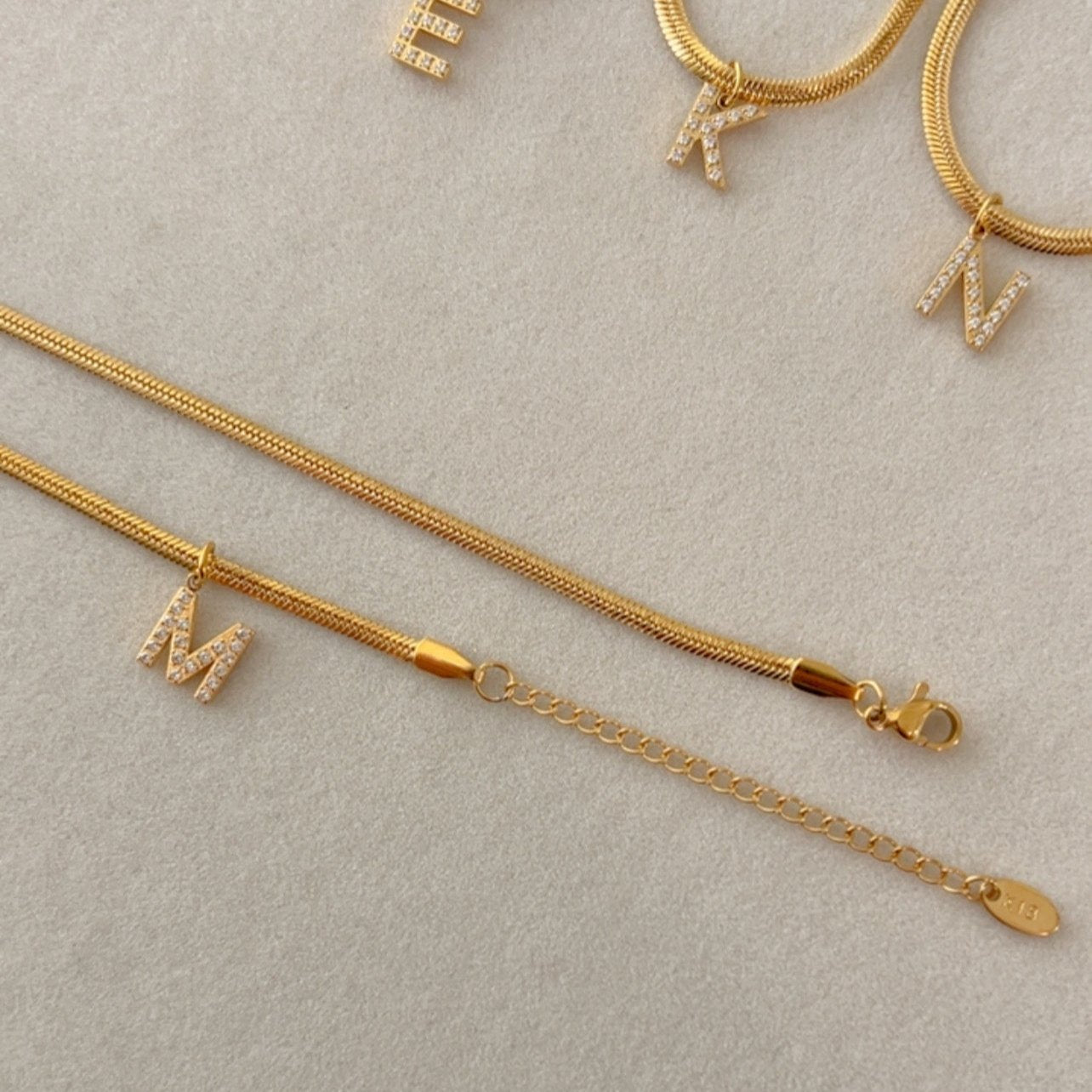 Snake Chain Initial Necklace – Zirconia abd Herringbone Alphabet