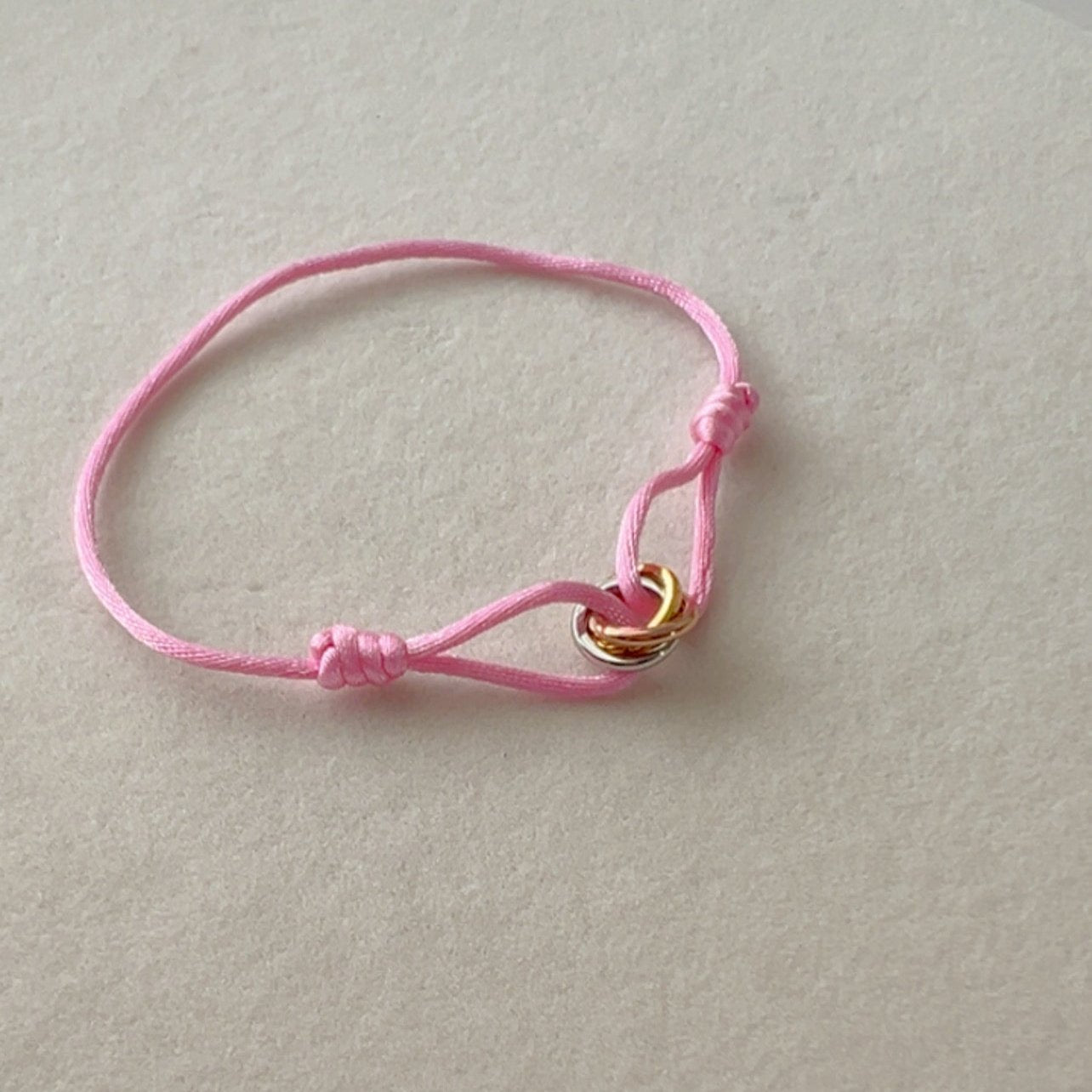 Trinity -  Bracelet  Gold, Silver and Rose Gold Rings, Adjustable Satin Cord