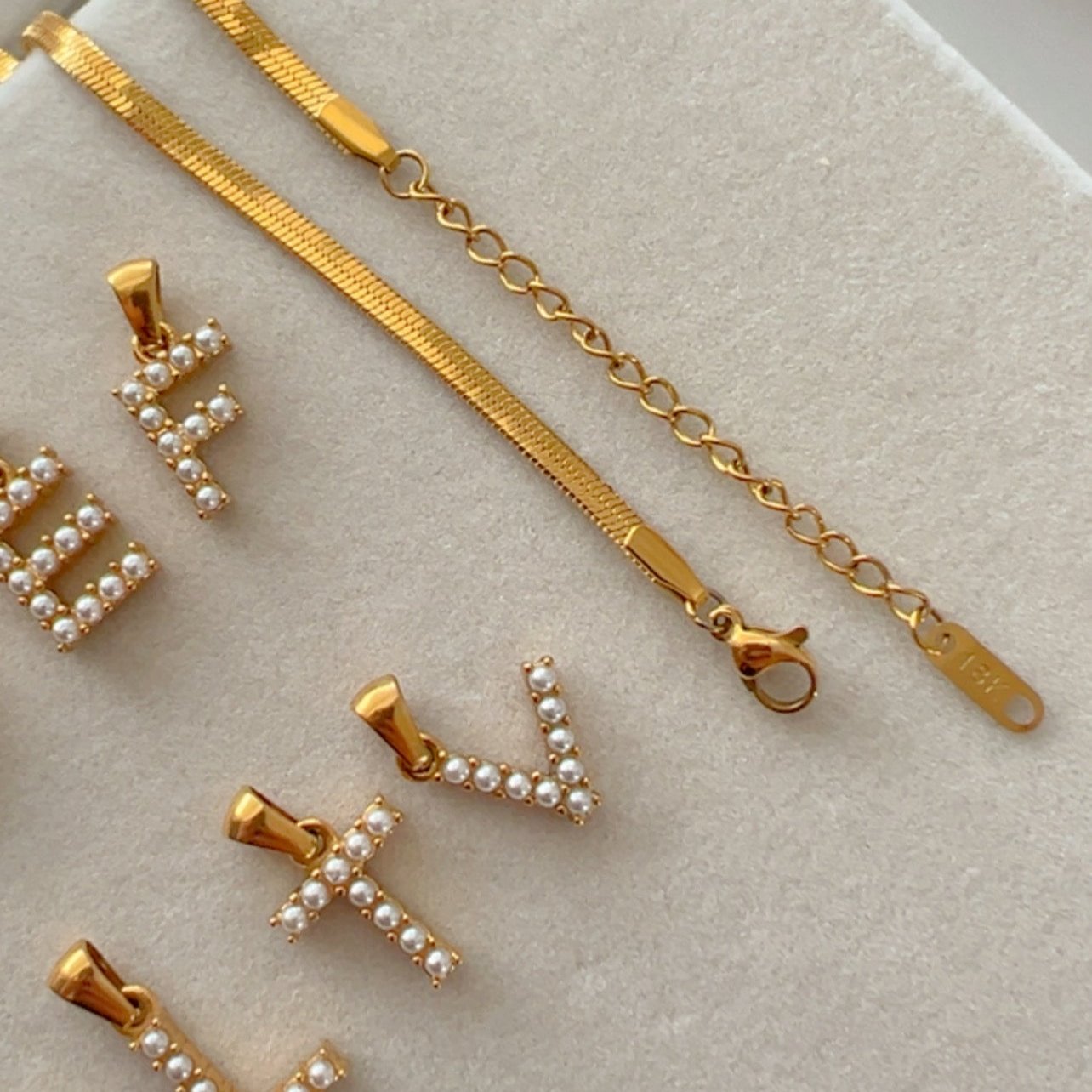 Initial Pendant Necklace – Herringbone Alphabet and Pearl Detail Stainless Steel