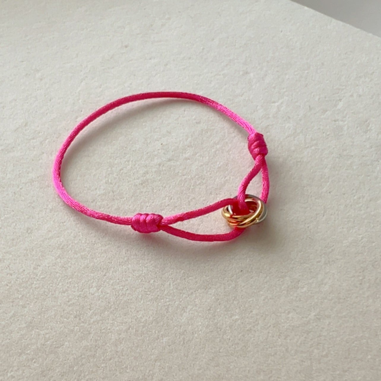 Trinity -  Bracelet  Gold, Silver and Rose Gold Rings, Adjustable Satin Cord