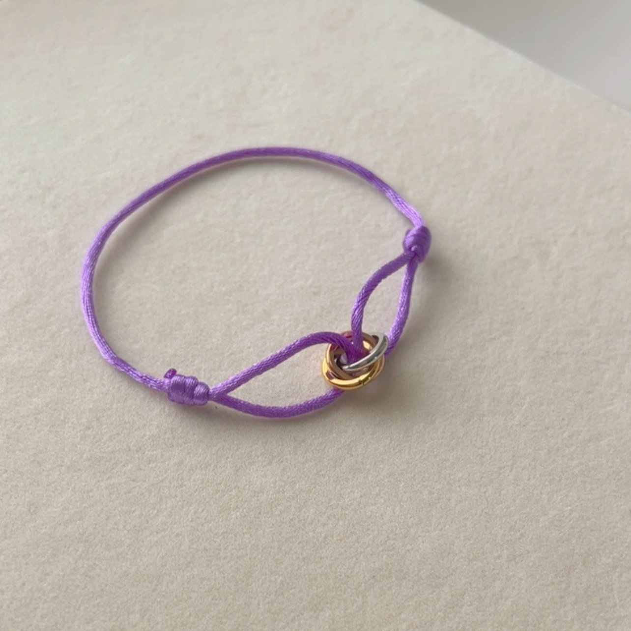 Trinity -  Bracelet  Gold, Silver and Rose Gold Rings, Adjustable Satin Cord