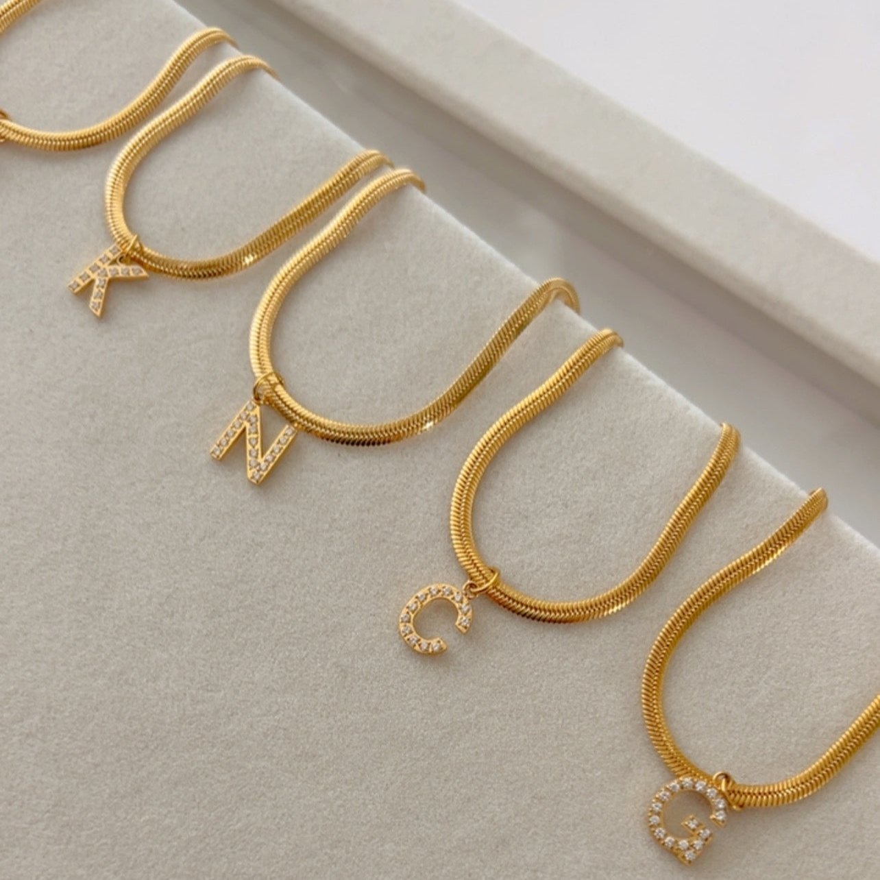 Snake Chain Initial Necklace – Zirconia abd Herringbone Alphabet