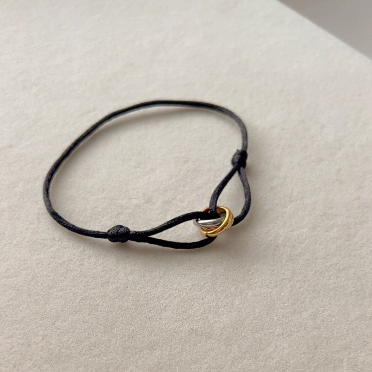 Trinity -  Bracelet  Gold, Silver and Rose Gold Rings, Adjustable Satin Cord