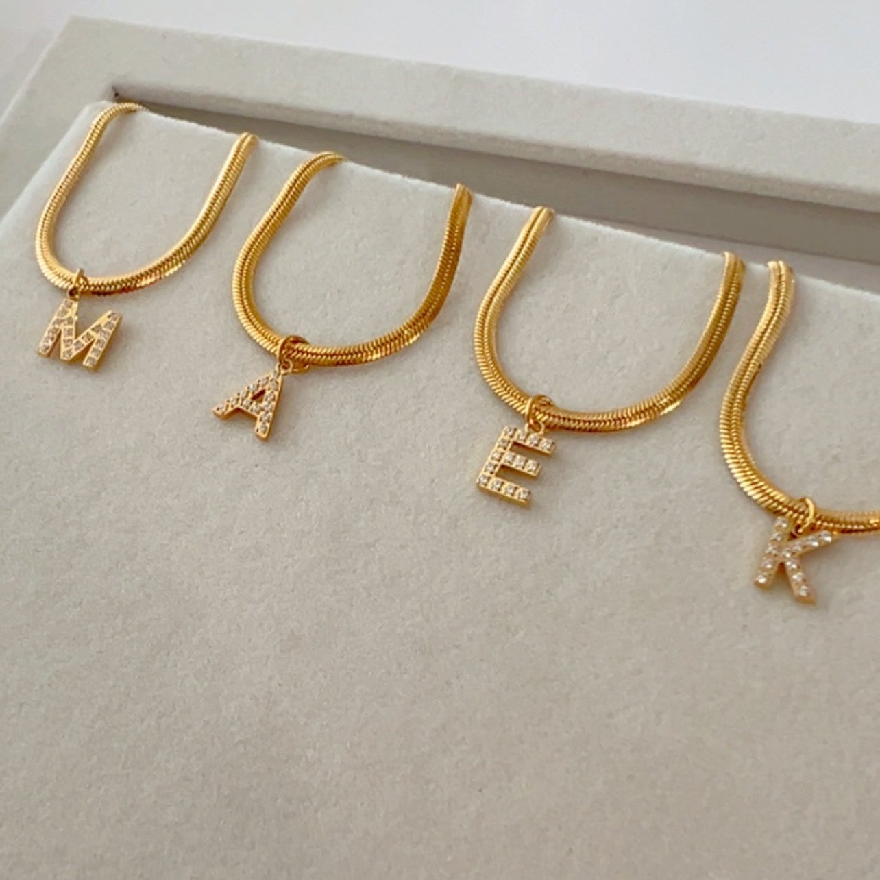 Snake Chain Initial Necklace – Zirconia abd Herringbone Alphabet