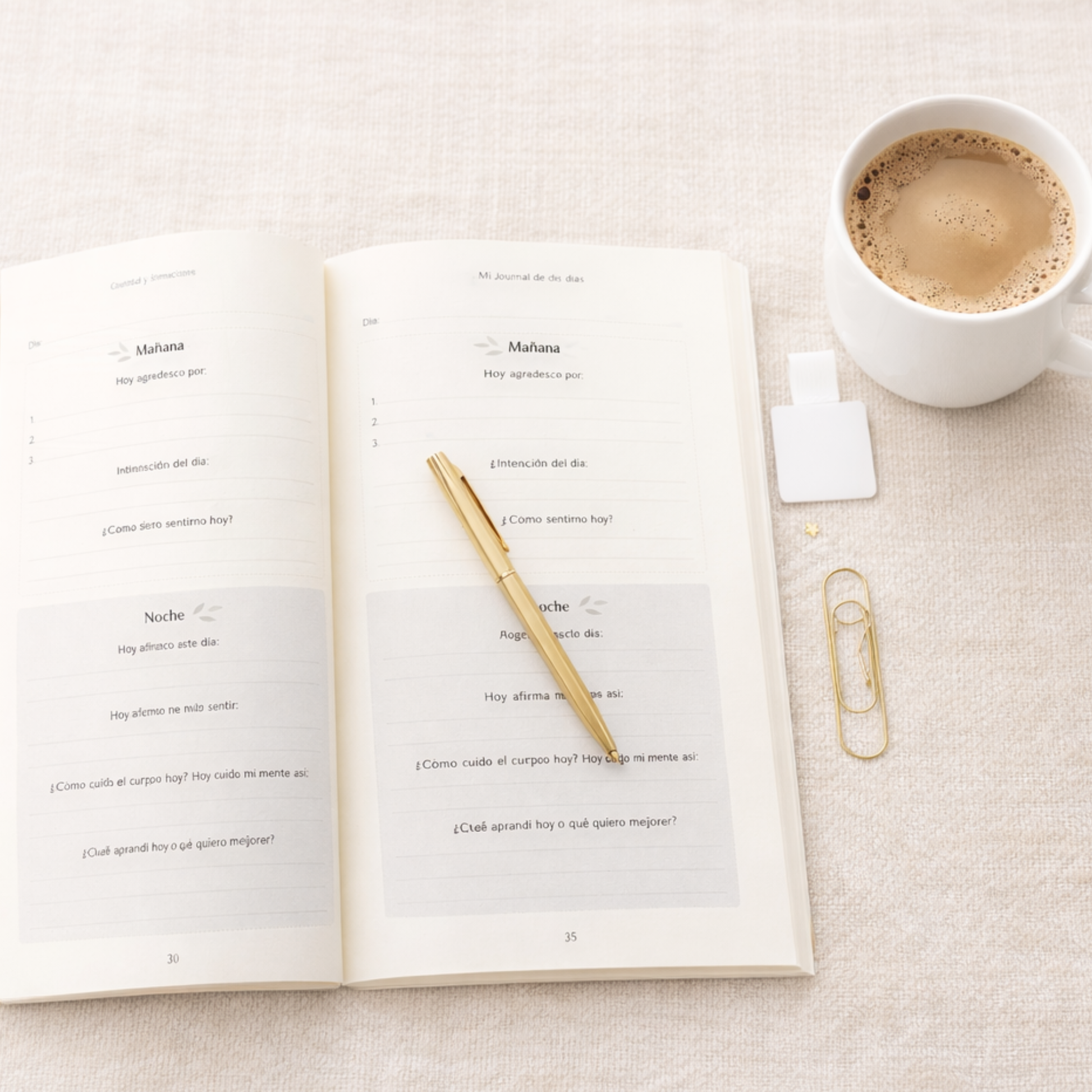 Páginas internas del journal de gratitud con ejercicios diarios para claridad mental y bienestar emocional