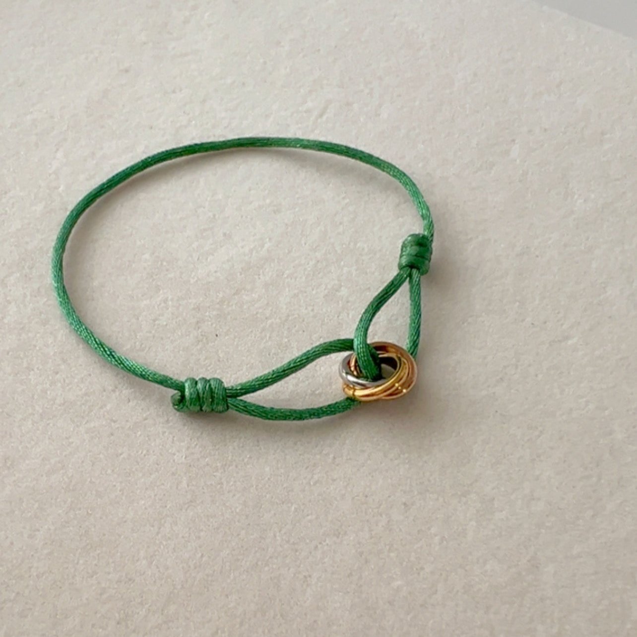 Trinity -  Bracelet  Gold, Silver and Rose Gold Rings, Adjustable Satin Cord