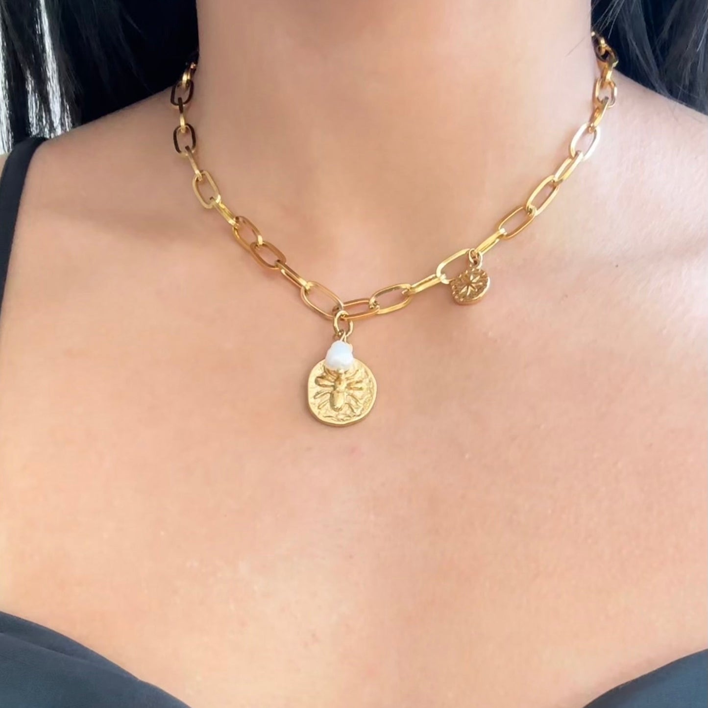 Paper Clip Necklace with Pendant and Pearl – Adjustable Stainless Steel