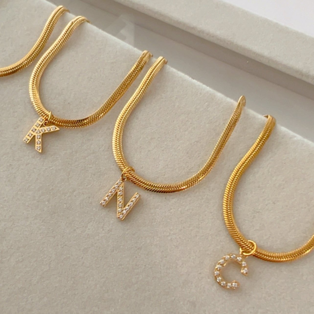 Snake Chain Initial Necklace – Zirconia abd Herringbone Alphabet