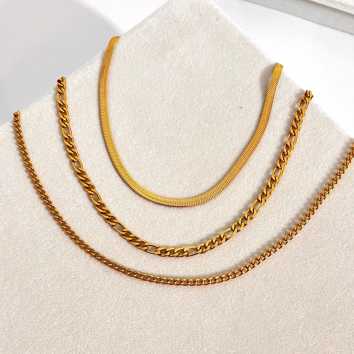 Herringbone Gold Necklace Set – 3 Chains, Stainless Steel