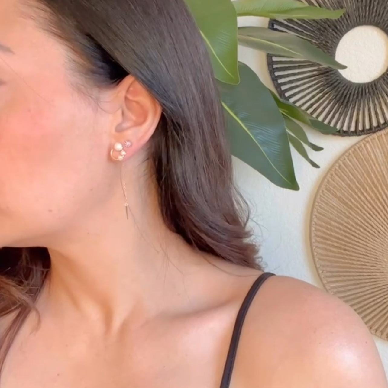 Gold chain dangle earrings with triple pearl