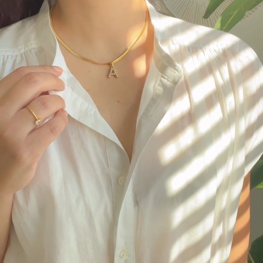 Initial Pendant Necklace – Herringbone Alphabet and Pearl Detail Stainless Steel